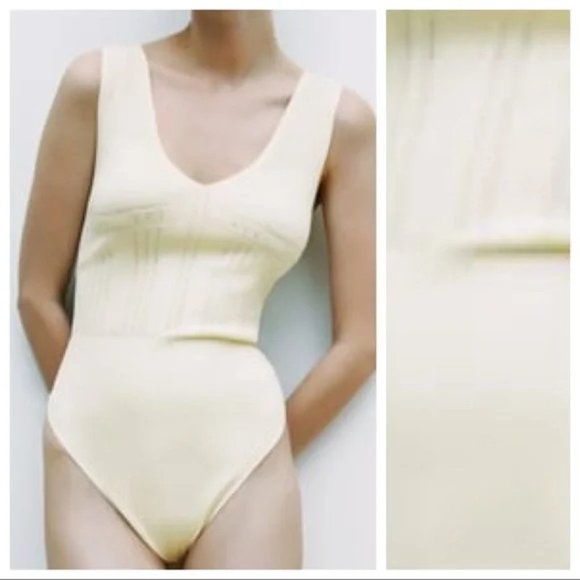 NWOT ZARA OYSTER WHITE KNIT V-NECK POINTELLE BODYSUIT - Picture 1 of 3
